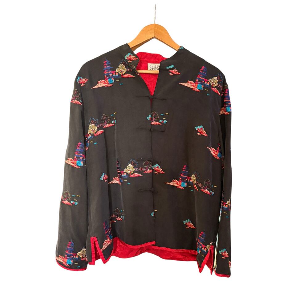 Chicos Japanese Asian Inspired Silk Blend Black Button Up Jacket size 1